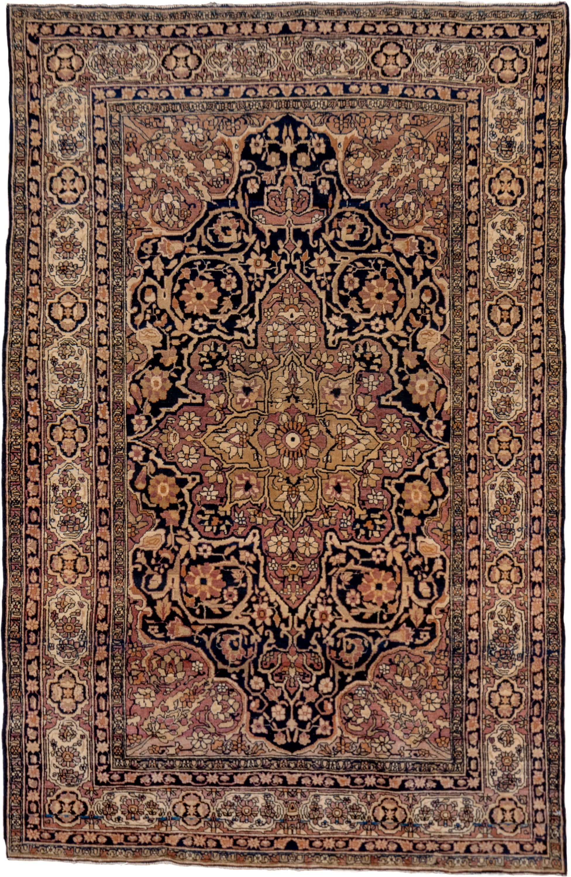 4' x 6' one-of-a-kind handmade vintage Lavar rug. Color palette: navy, ivory, rose, camel, gold, taupe, brown, blue, pink