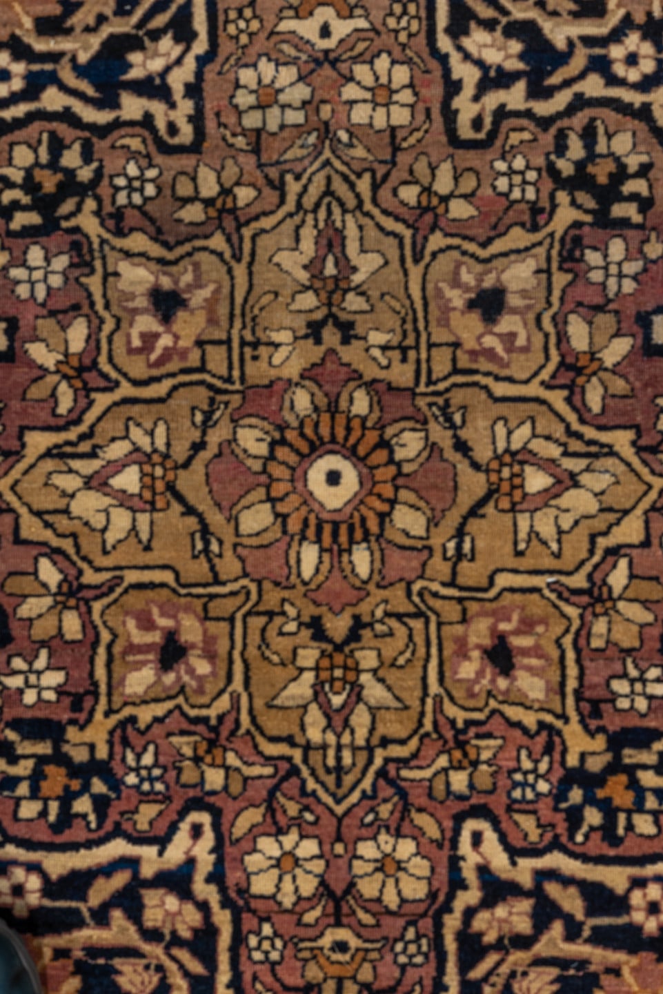 4' x 6' one-of-a-kind handmade vintage Lavar rug. Color palette: navy, ivory, rose, camel, gold, taupe, brown, blue, pink