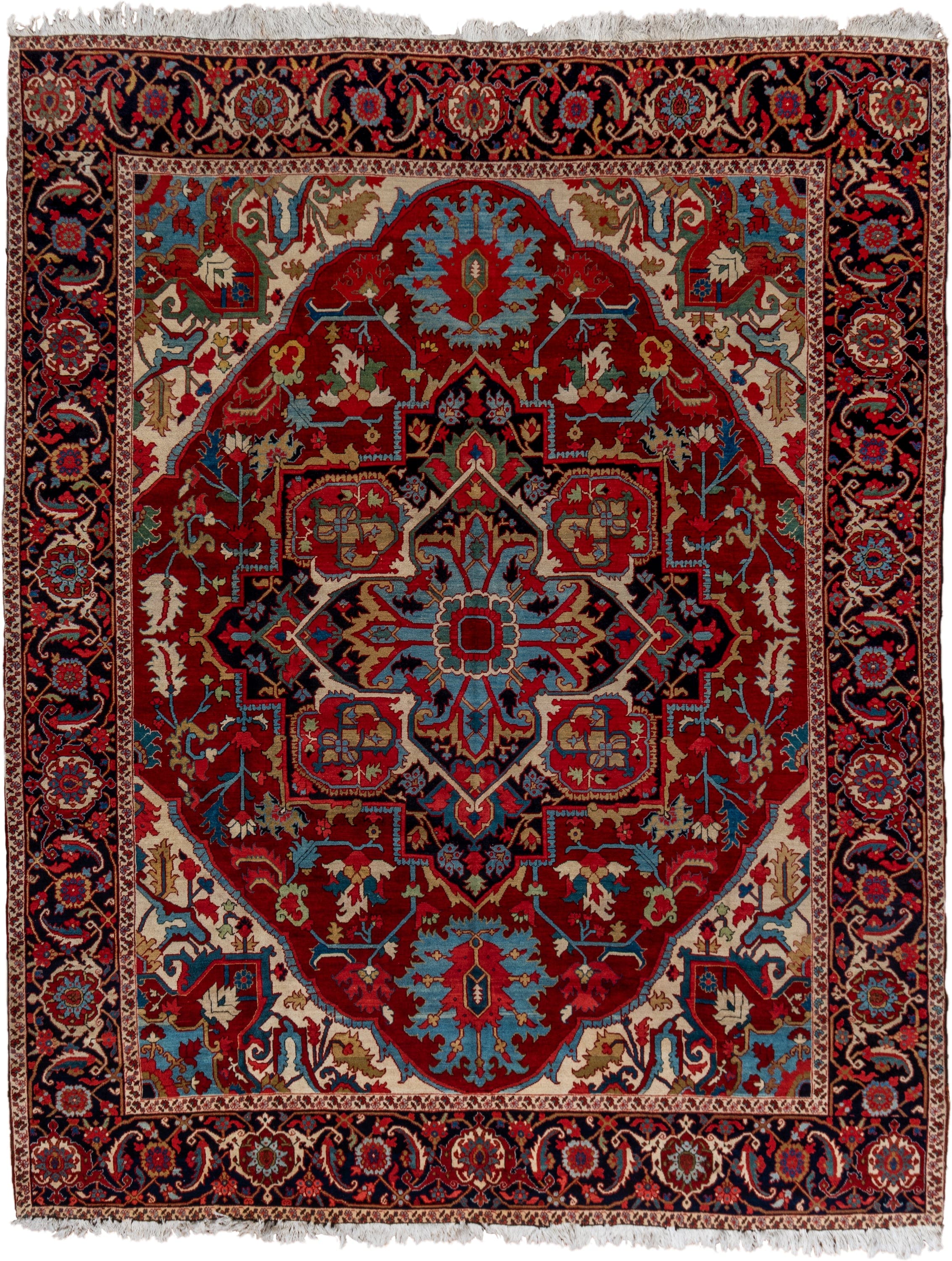 9' x 12' one-of-a-kind handmade vintage Heriz large size rug. Color palette: red, navy, ivory, sky_blue, rust, camel, sage