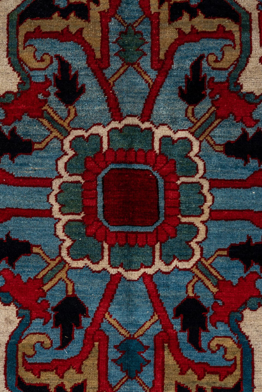 9' x 12' one-of-a-kind handmade vintage Heriz large size rug. Color palette: red, navy, ivory, sky_blue, rust, camel, sage