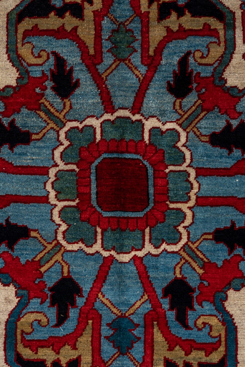 9' x 12' one-of-a-kind handmade vintage Heriz large size rug. Color palette: red, navy, ivory, sky_blue, rust, camel, sage