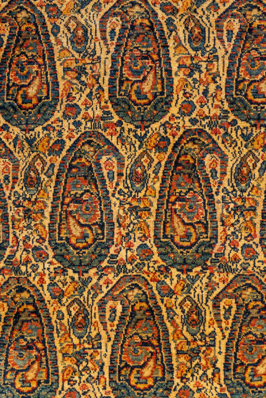 5' x 8' one-of-a-kind handmade vintage Senne medium size rug. Color palette: camel, navy, rust, ivory, gold, terra cotta