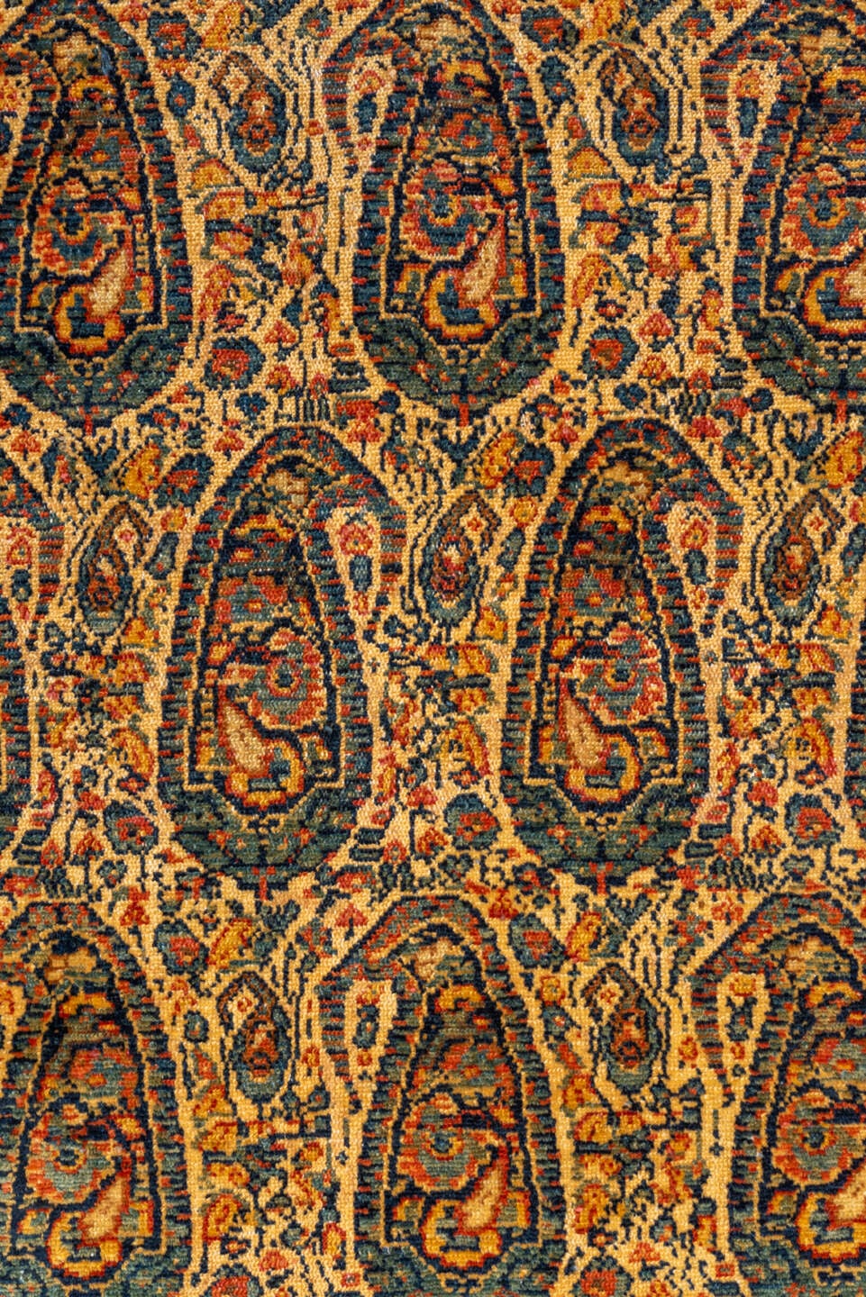 5' x 8' one-of-a-kind handmade vintage Senne medium size rug. Color palette: camel, navy, rust, ivory, gold, terra cotta