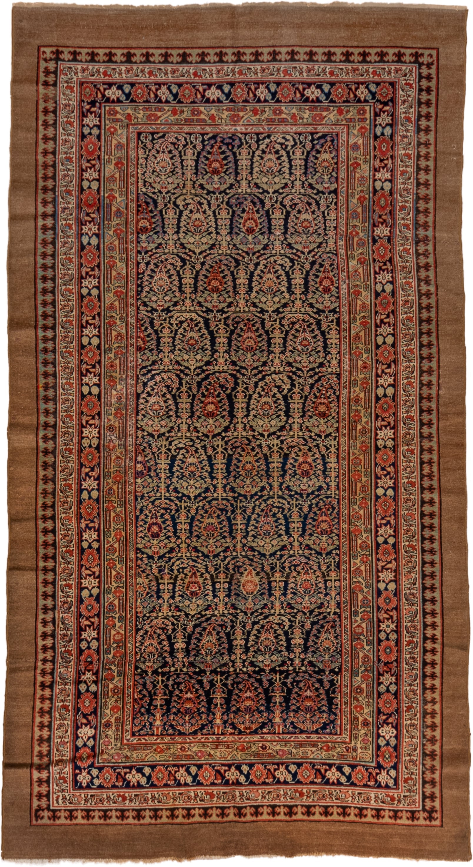 5' x 10' one-of-a-kind handmade vintage Cam Hamadan medium size rug. Color palette: camel, navy, rust, ivory, rose, brown