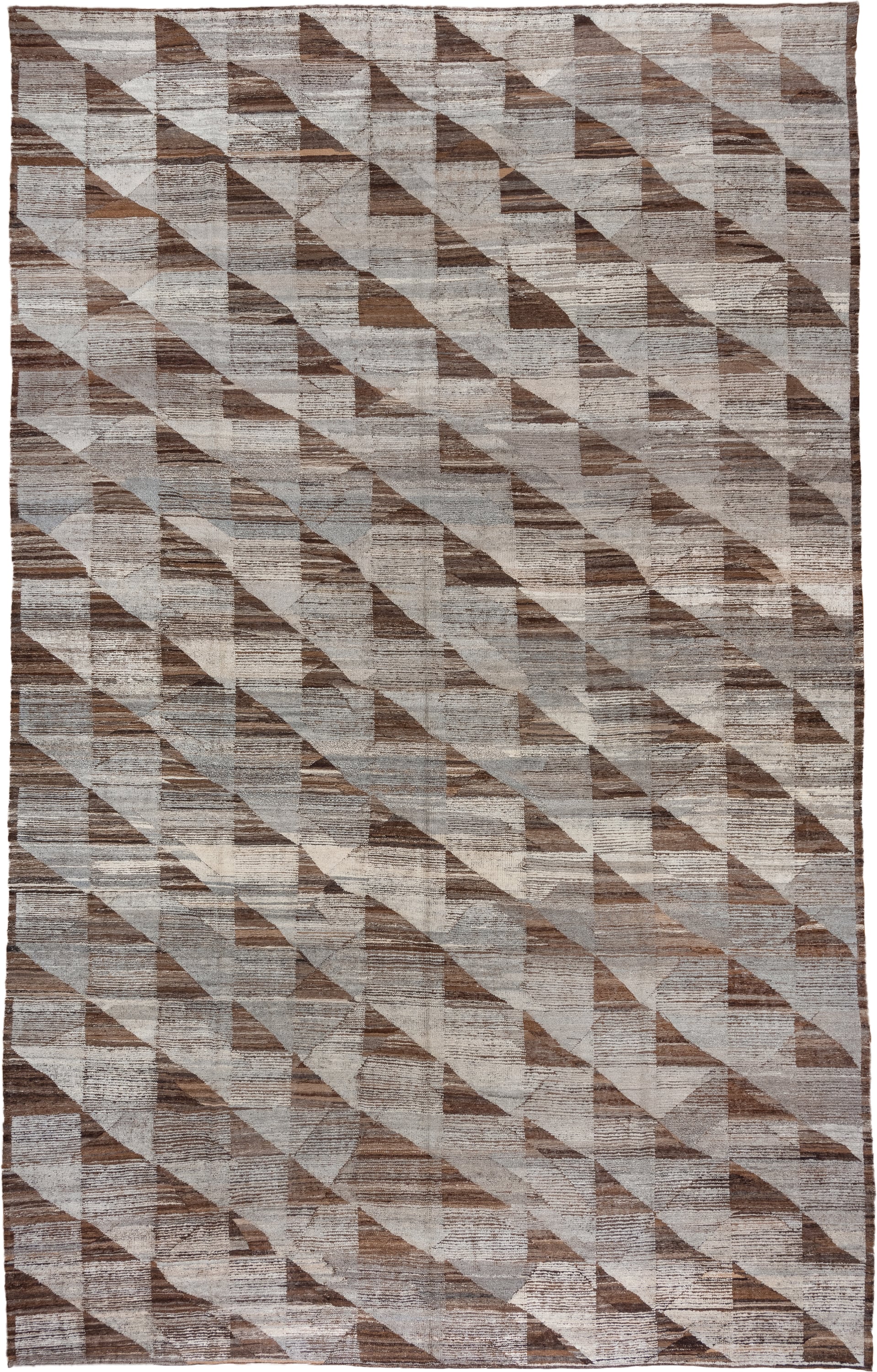 13' x 20' one-of-a-kind handmade vintage Tulu oversize rug. Color palette: ivory, taupe, brown, camel, greige, beige, gray