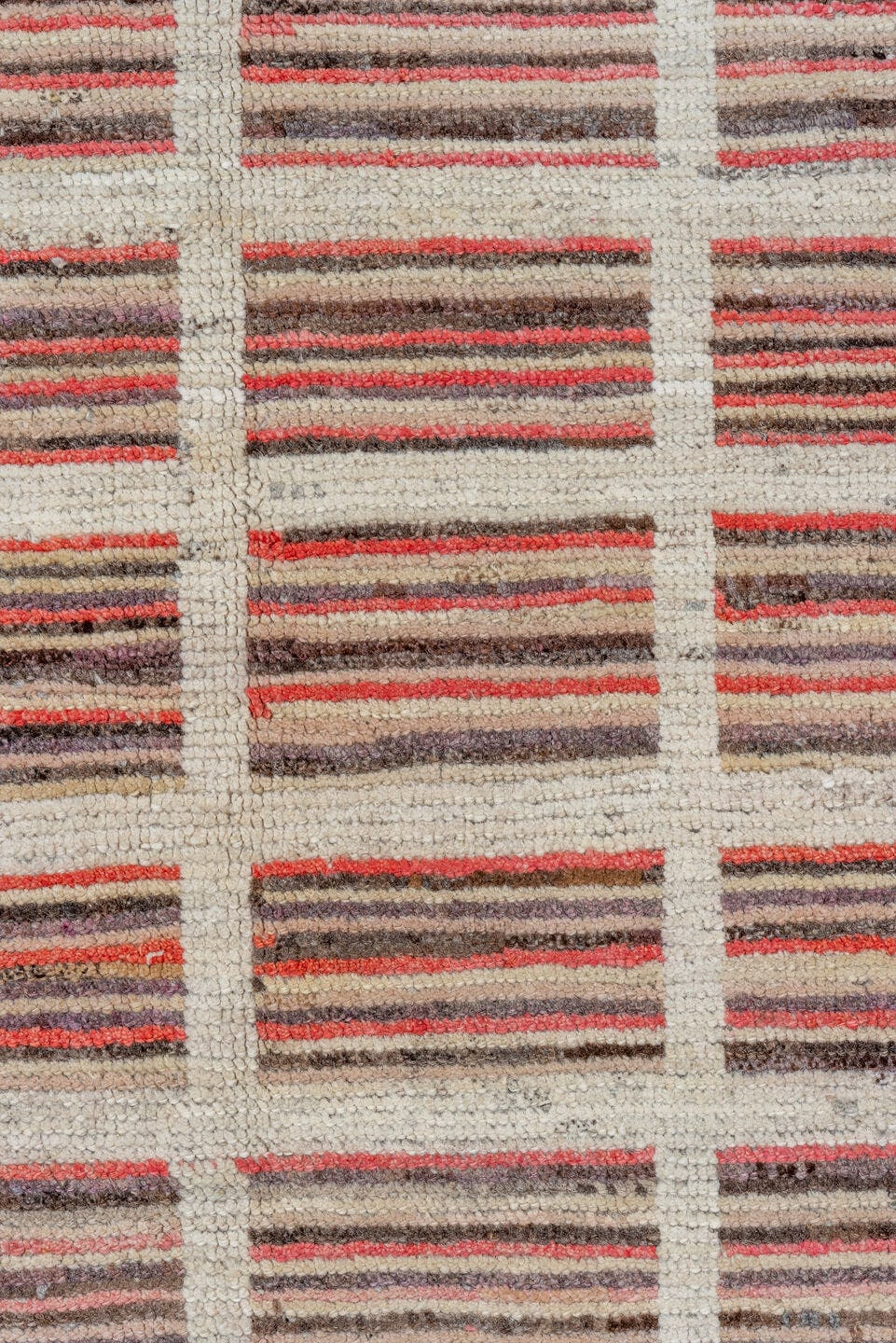 9' x 12' one-of-a-kind handmade vintage Tulu large size rug. Color palette: ivory, rose, charcoal, taupe, blush, brown