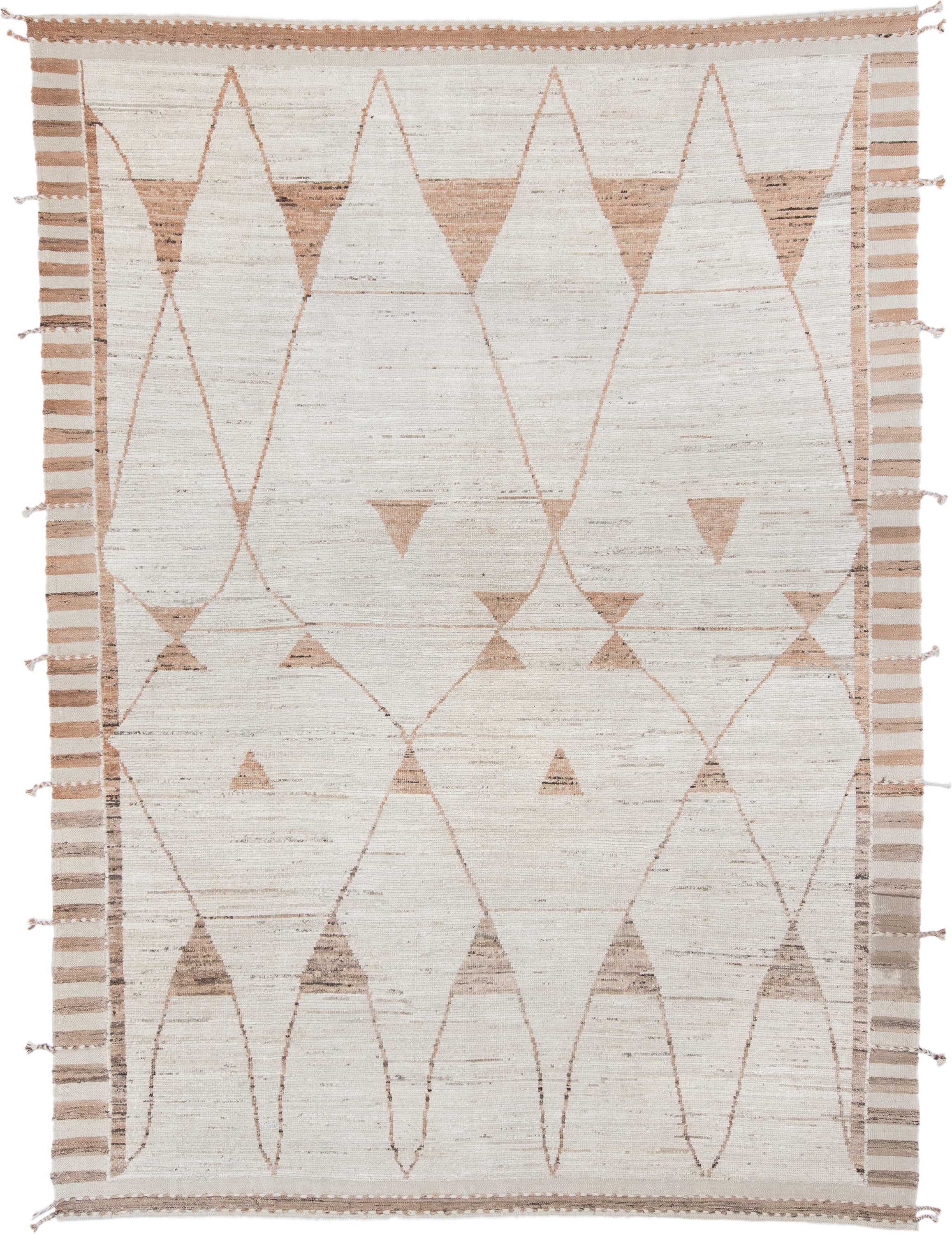 9' x 12' one-of-a-kind handmade vintage Tulu large size rug. Color palette: ivory, camel, taupe, beige, light brown, gray
