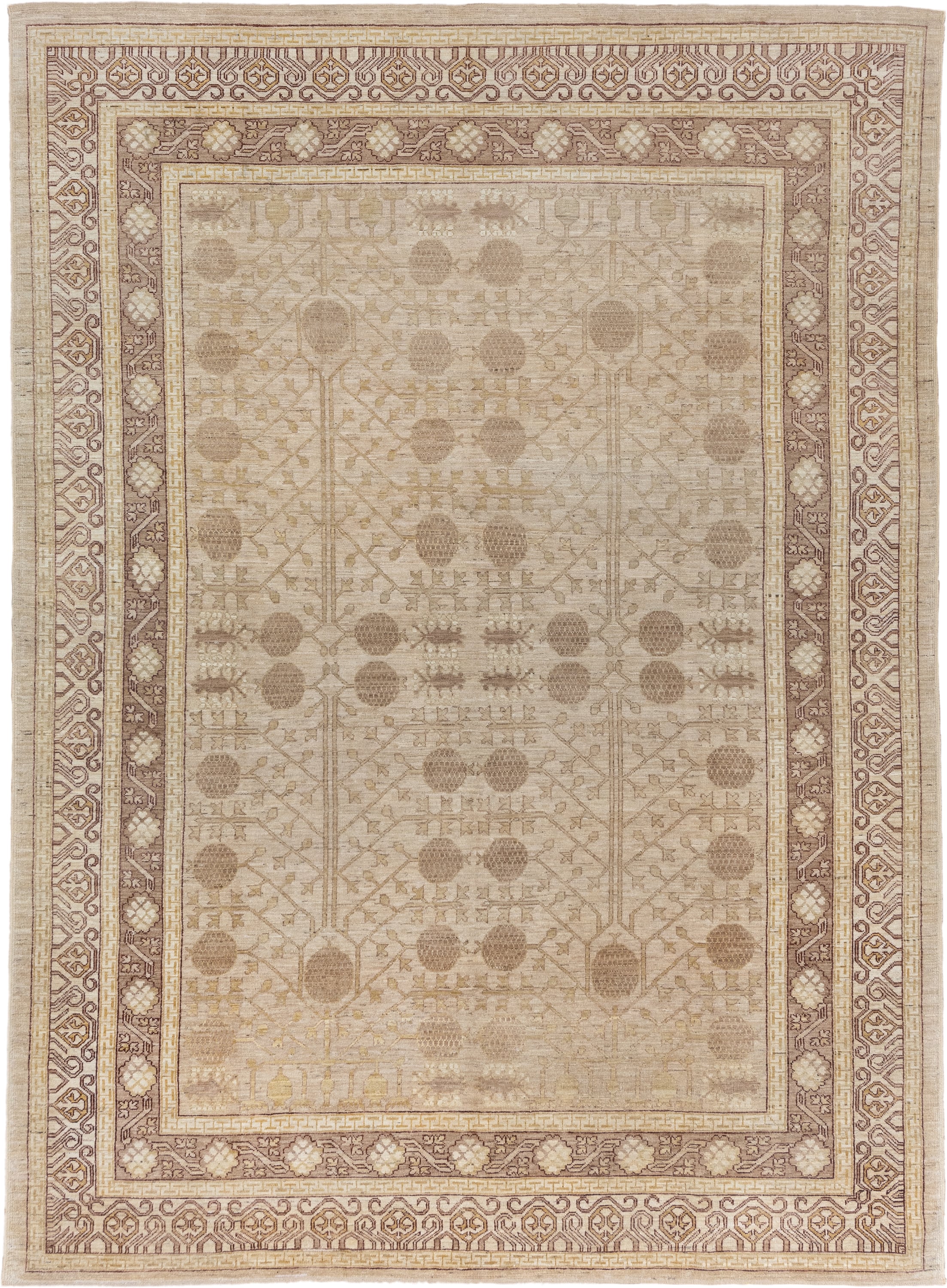 9' x 12' one-of-a-kind handmade vintage Khotan large size rug. Color palette: beige, taupe, ivory, camel, dusty rose, sand