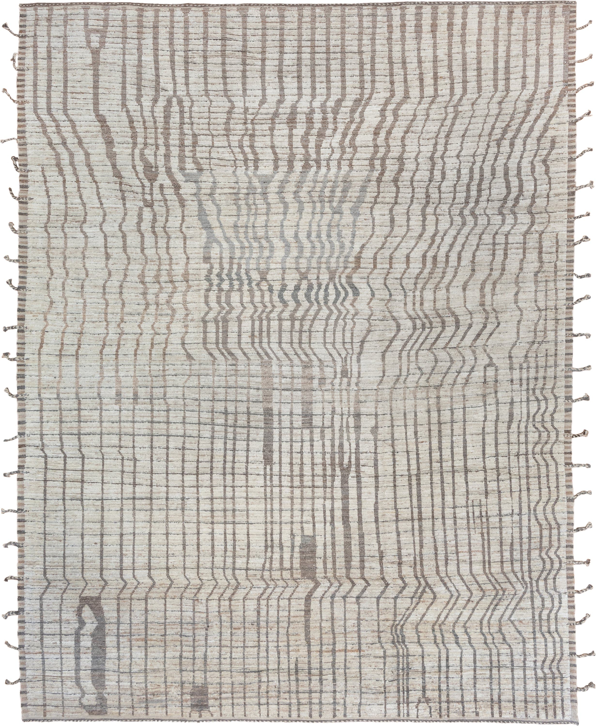 10' x 13' one-of-a-kind handmade vintage Tulu large size rug. Color palette: ivory, taupe, gray, greige, charcoal, beige