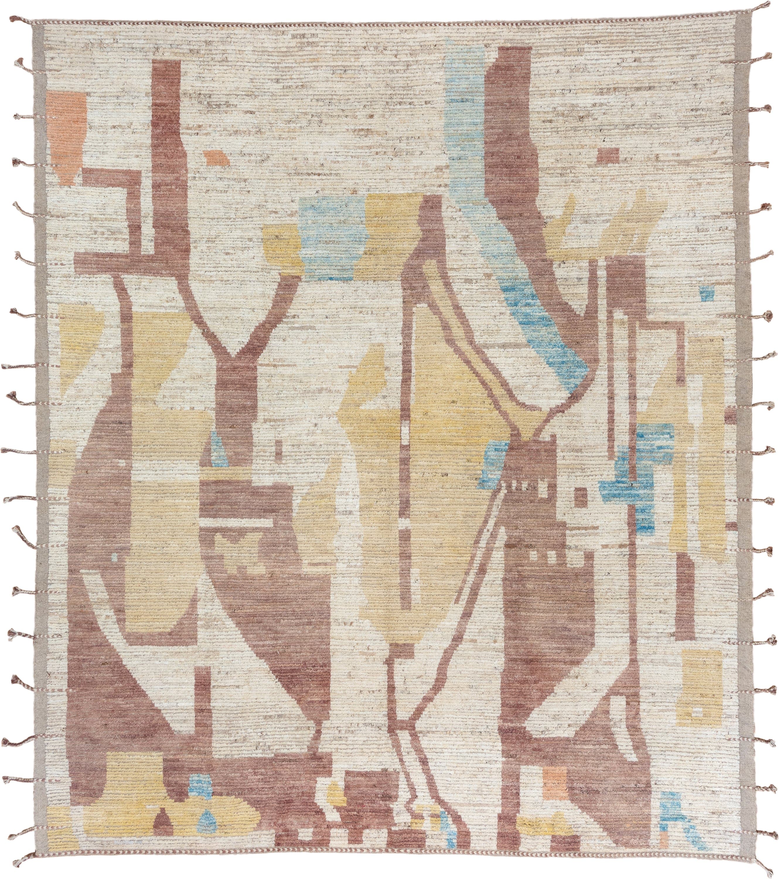 10' x 11' one-of-a-kind handmade vintage Tulu large size rug. Color palette: ivory, rose, pale_gold, sky_blue, taupe, peach