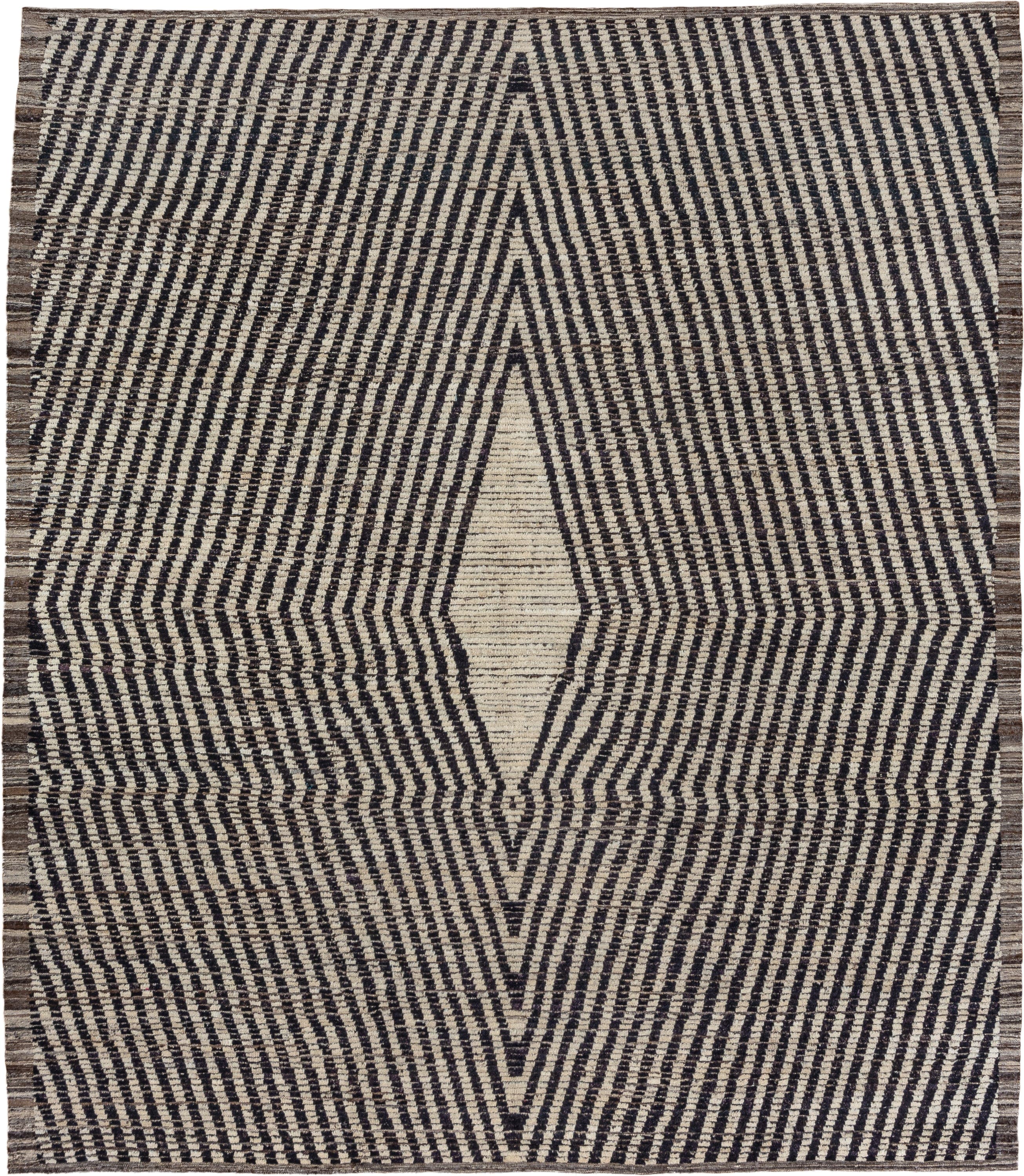 9' x 11' one-of-a-kind handmade vintage Tulu large size rug. Color palette: ivory, charcoal, taupe, brown, gray, black