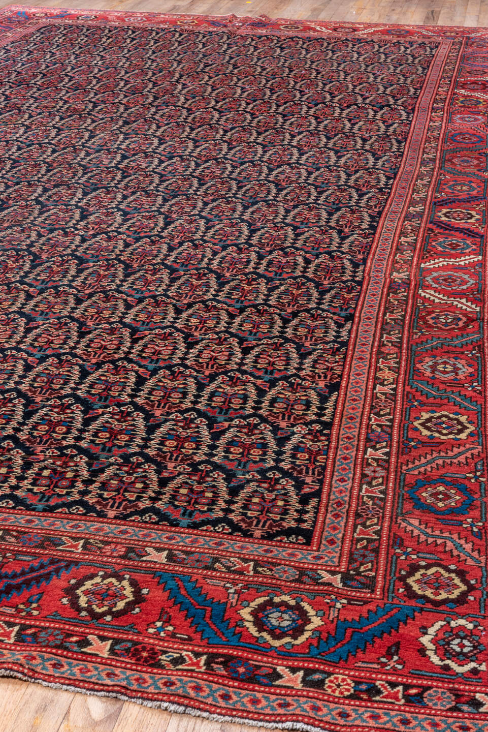 7' x 14' one-of-a-kind handmade vintage Bakhshayesh large size rug. Color palette: navy, rust, red, ivory, blue, camel