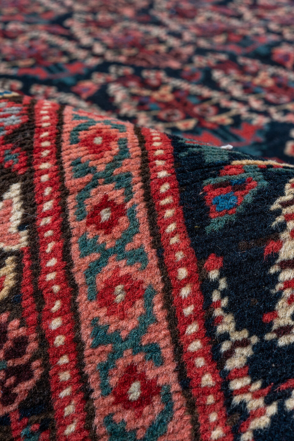 7' x 14' one-of-a-kind handmade vintage Bakhshayesh large size rug. Color palette: black, brown, fire brick, gray, pink, red