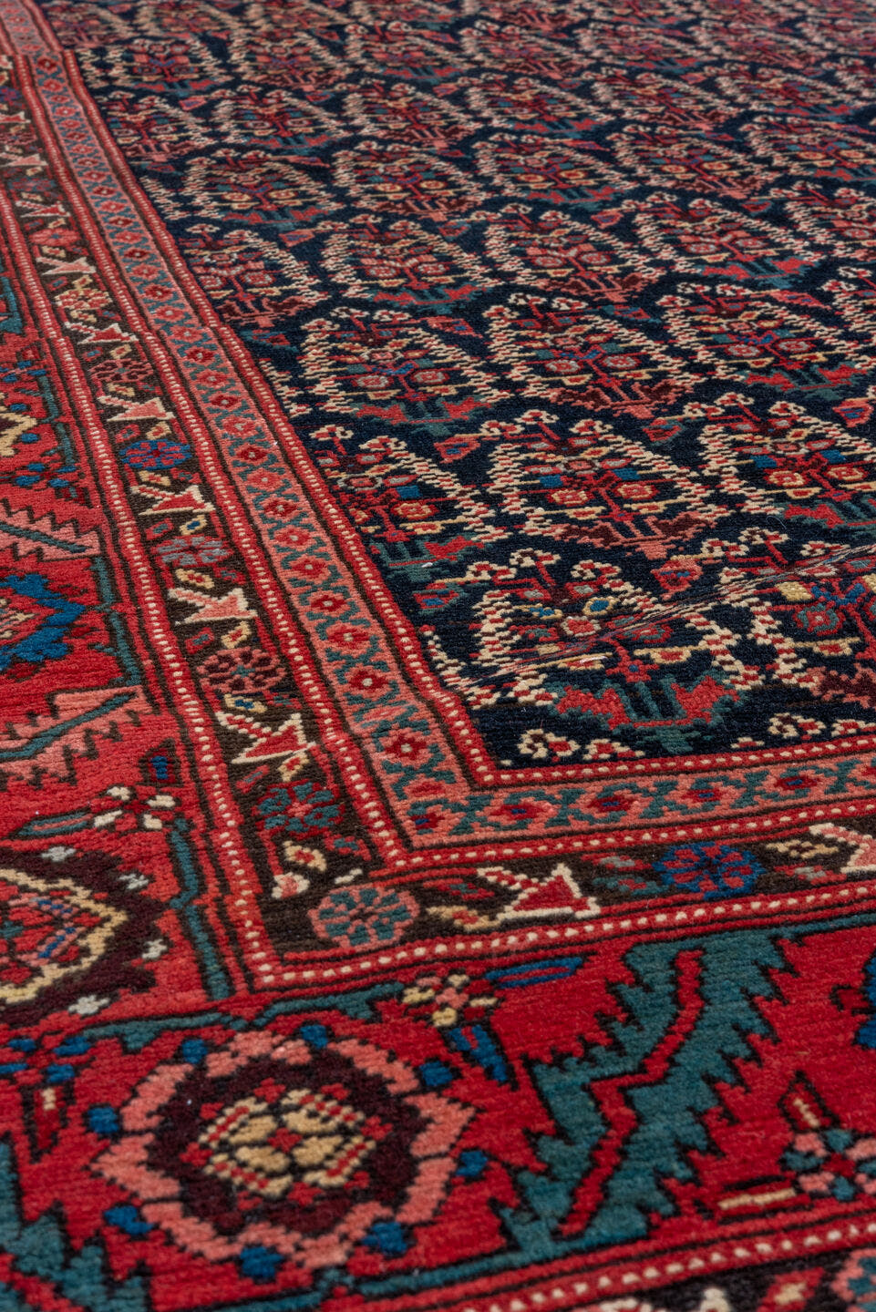 7' x 14' one-of-a-kind handmade vintage Bakhshayesh large size rug. Color palette: navy, rust, red, ivory, blue, camel
