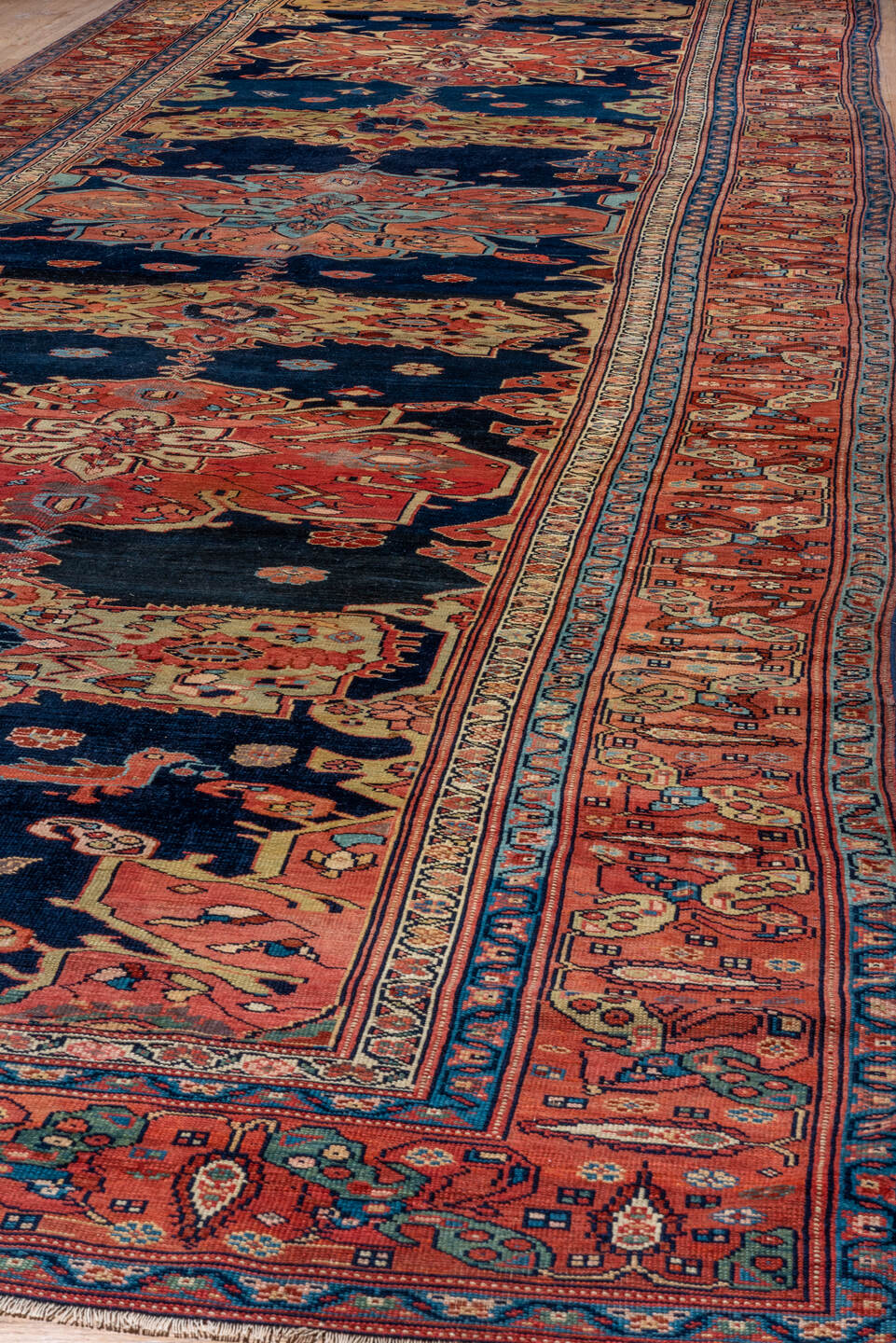 7' x 21' one-of-a-kind handmade vintage NW Persian rug. Color palette: arapawa, black, blue, brown, charcoal, dark salmon