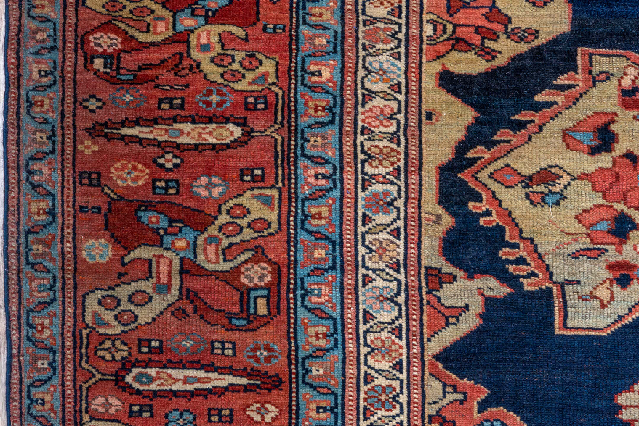7' x 21' one-of-a-kind handmade vintage NW Persian rug. Color palette: navy, rust, ivory, coral, sky_blue, gold, crimson