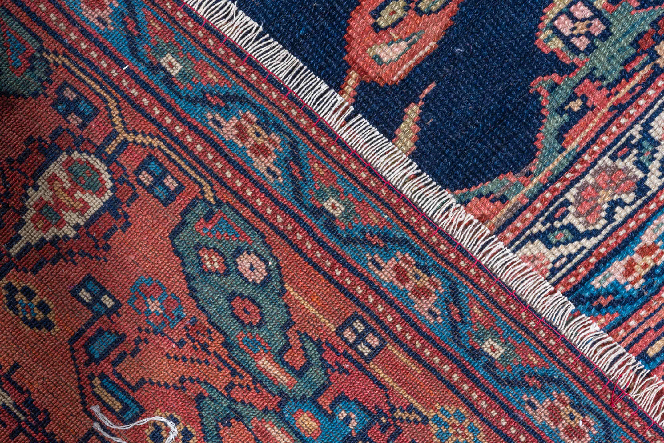 7' x 21' one-of-a-kind handmade vintage NW Persian rug. Color palette: arapawa, black, blue, brown, charcoal, dark salmon