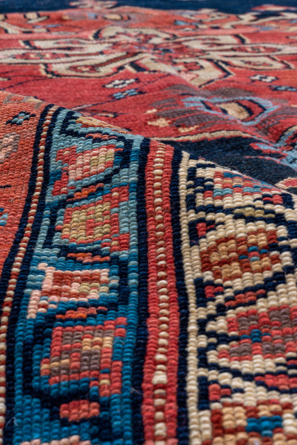 7' x 21' one-of-a-kind handmade vintage NW Persian rug. Color palette: navy, rust, ivory, coral, sky_blue, gold, crimson