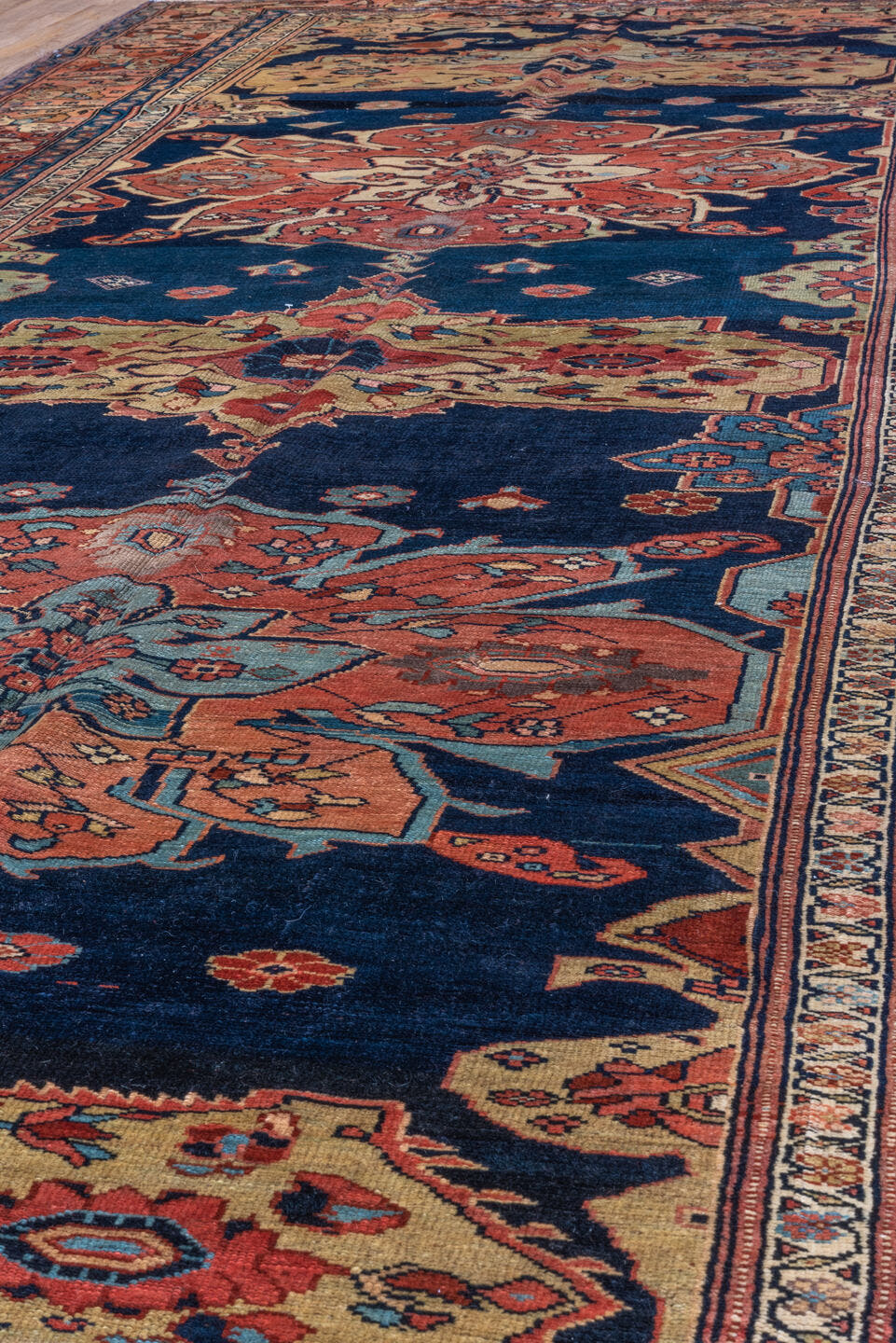 7' x 21' one-of-a-kind handmade vintage NW Persian rug. Color palette: navy, rust, ivory, coral, sky_blue, gold, crimson