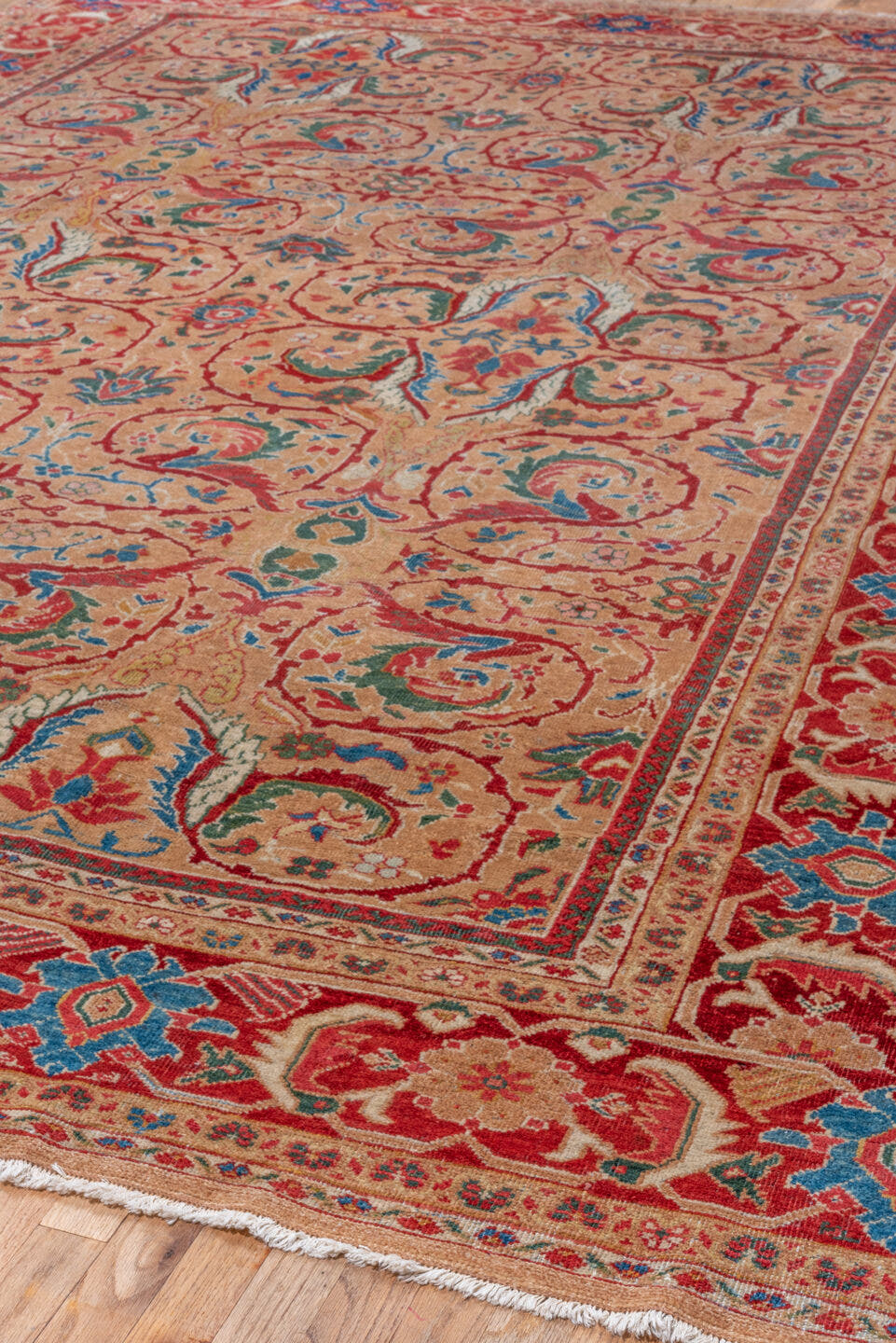 10' x 13' one-of-a-kind handmade vintage Mahal large size rug. Color palette: camel, crimson, ivory, cobalt, sage