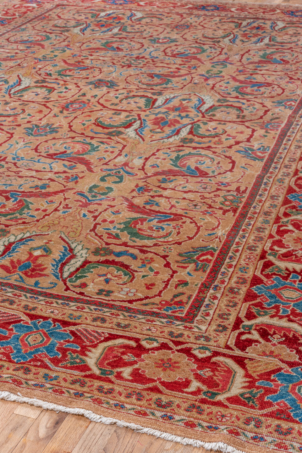 10' x 13' one-of-a-kind handmade vintage Mahal large size rug. Color palette: camel, crimson, ivory, cobalt, sage