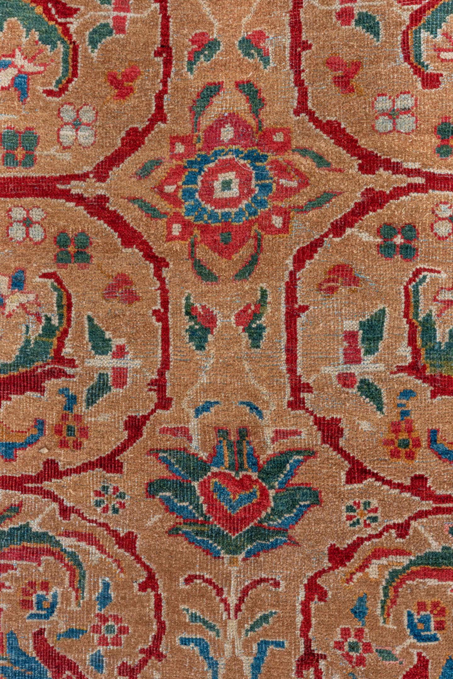 10' x 13' one-of-a-kind handmade vintage Mahal large size rug. Color palette: camel, crimson, ivory, cobalt, sage