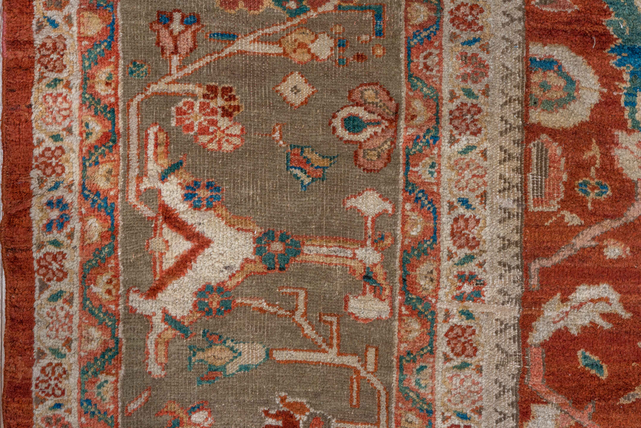 12' x 13' one-of-a-kind handmade vintage Sultanabad oversize rug. Color palette: rust, taupe, ivory, teal, blue, terra cotta