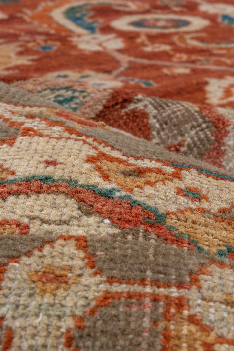 12' x 13' one-of-a-kind handmade vintage Sultanabad oversize rug. Color palette: rust, taupe, ivory, teal, blue, terra cotta