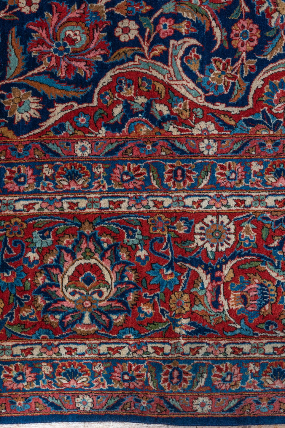 10' x 13' one-of-a-kind handmade vintage Kashan oversize rug. Color palette: navy, red, ivory, cobalt, rose, camel, blue