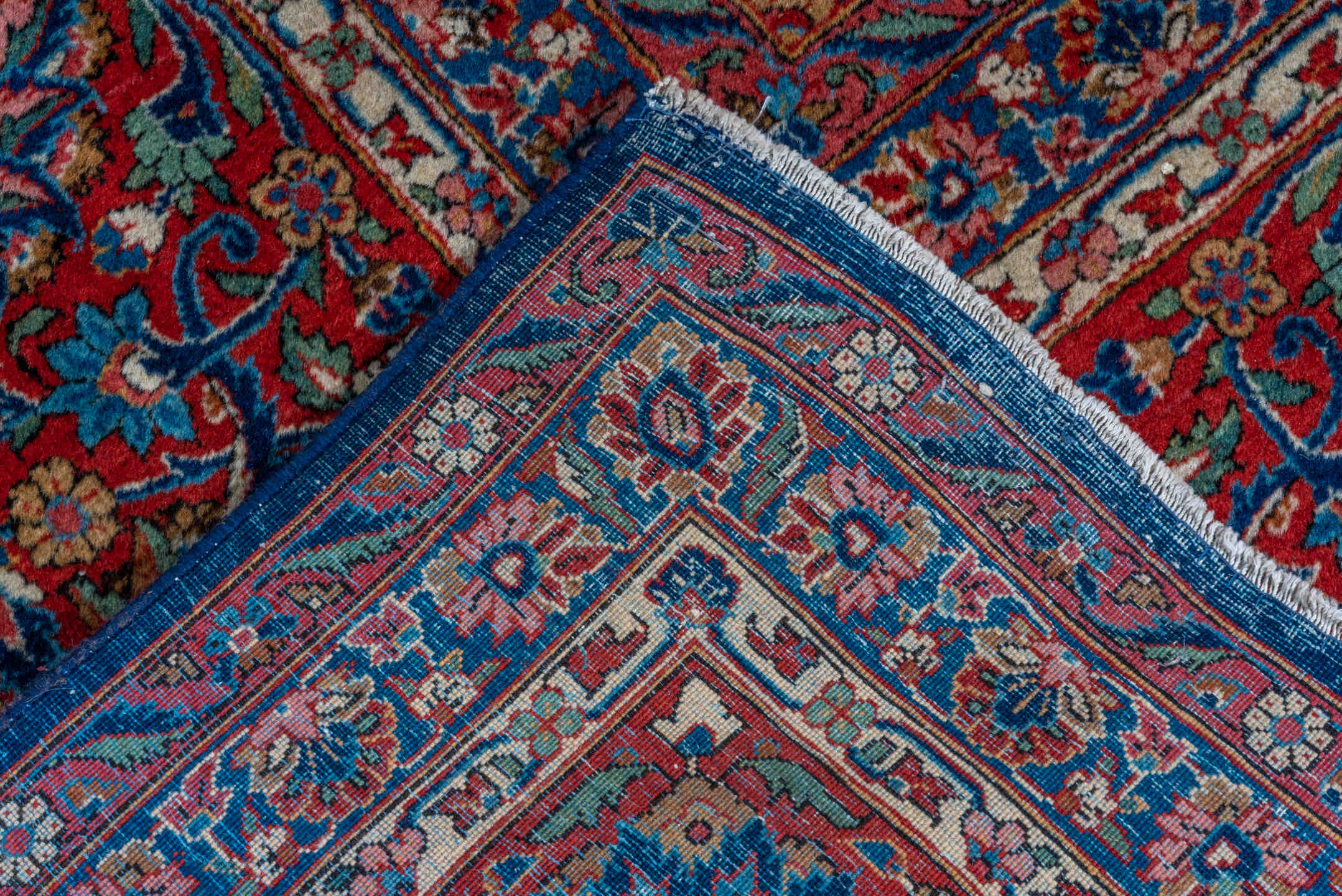 10' x 13' one-of-a-kind handmade vintage Kashan oversize rug. Color palette: navy, red, ivory, cobalt, rose, camel, blue