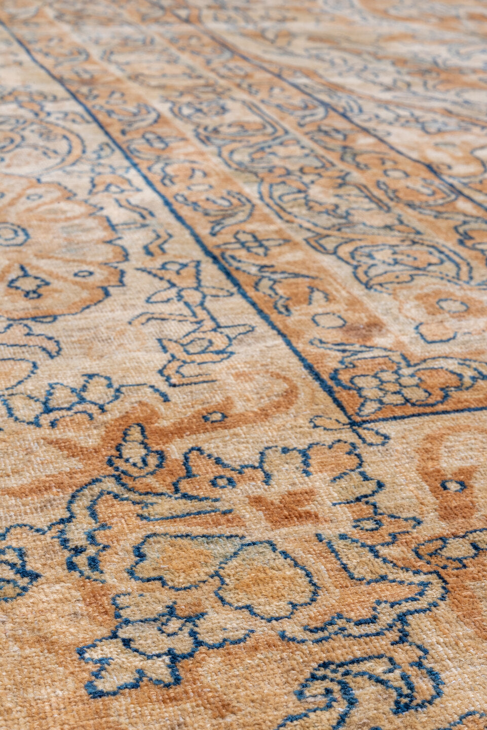 11' x 17' one-of-a-kind handmade vintage Yazd oversize rug. Color palette: black, brown, gray, linen, off-white, orange