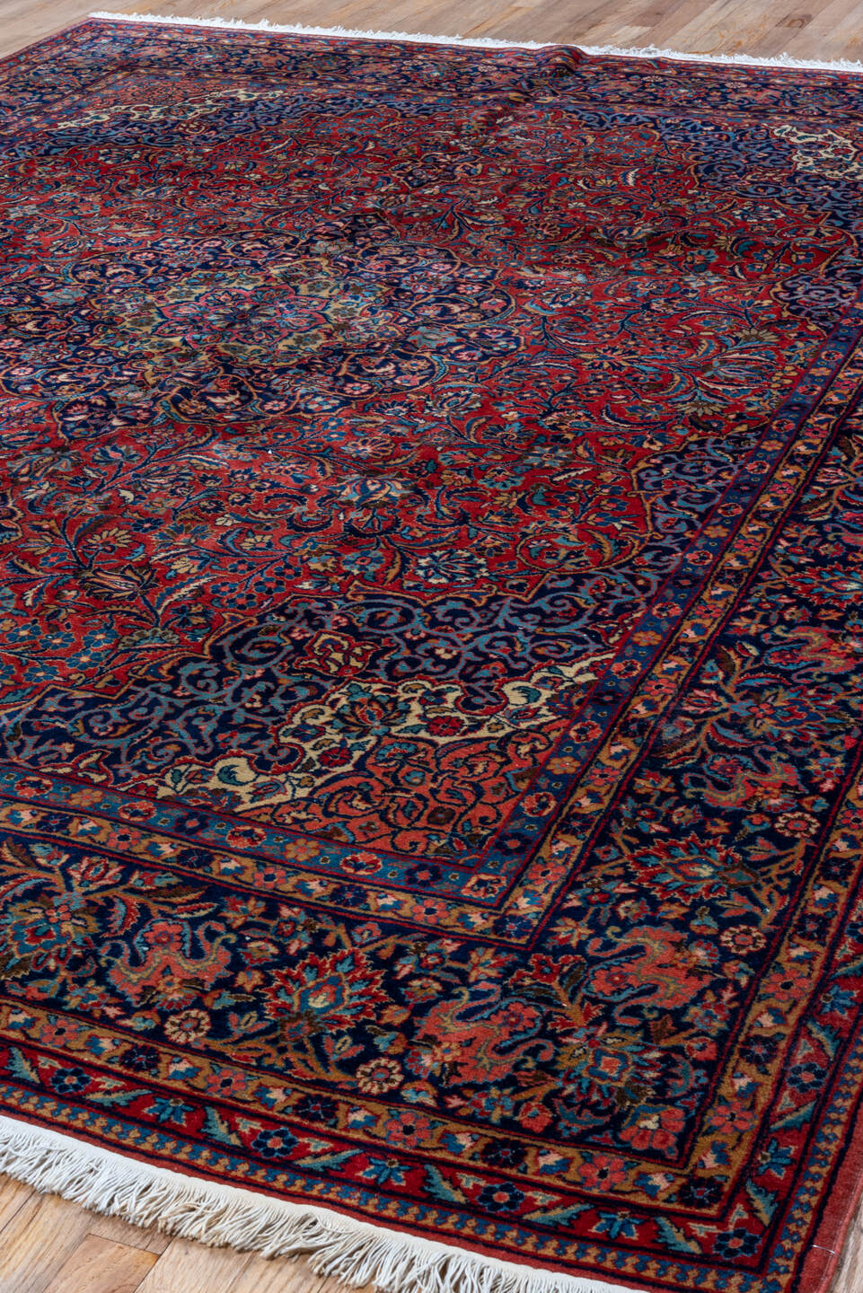 7' x 9' one-of-a-kind handmade vintage Kashan rug. Color palette: blue, brown, burgundy, fiord, gray, light gray