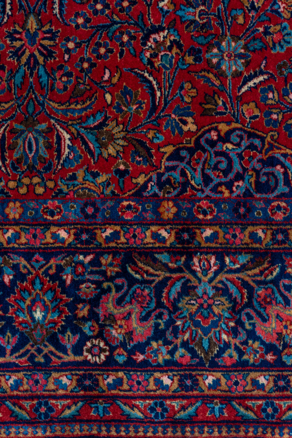 7' x 9' one-of-a-kind handmade vintage Kashan rug. Color palette: blue, brown, burgundy, fiord, gray, light gray