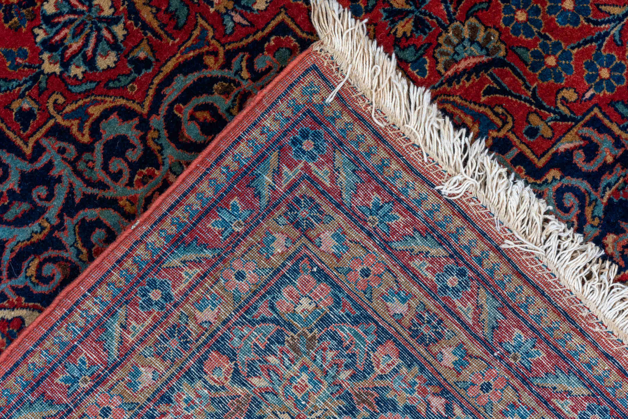 7' x 9' one-of-a-kind handmade vintage Kashan rug. Color palette: blue, brown, burgundy, fiord, gray, light gray