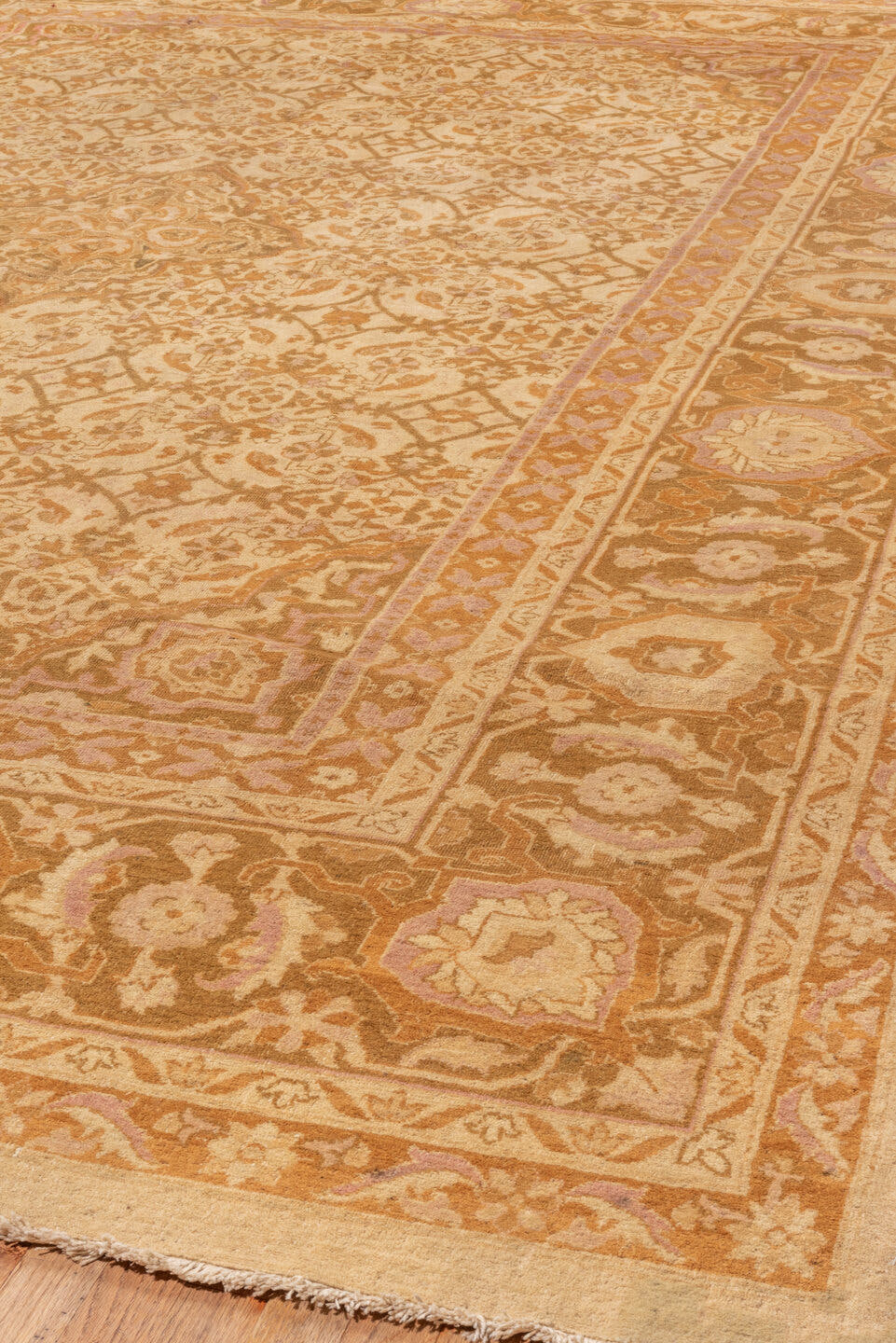10' x 13' one-of-a-kind handmade vintage Agra large size rug. Color palette: ivory, gold, camel, tan, blush, taupe, ochre