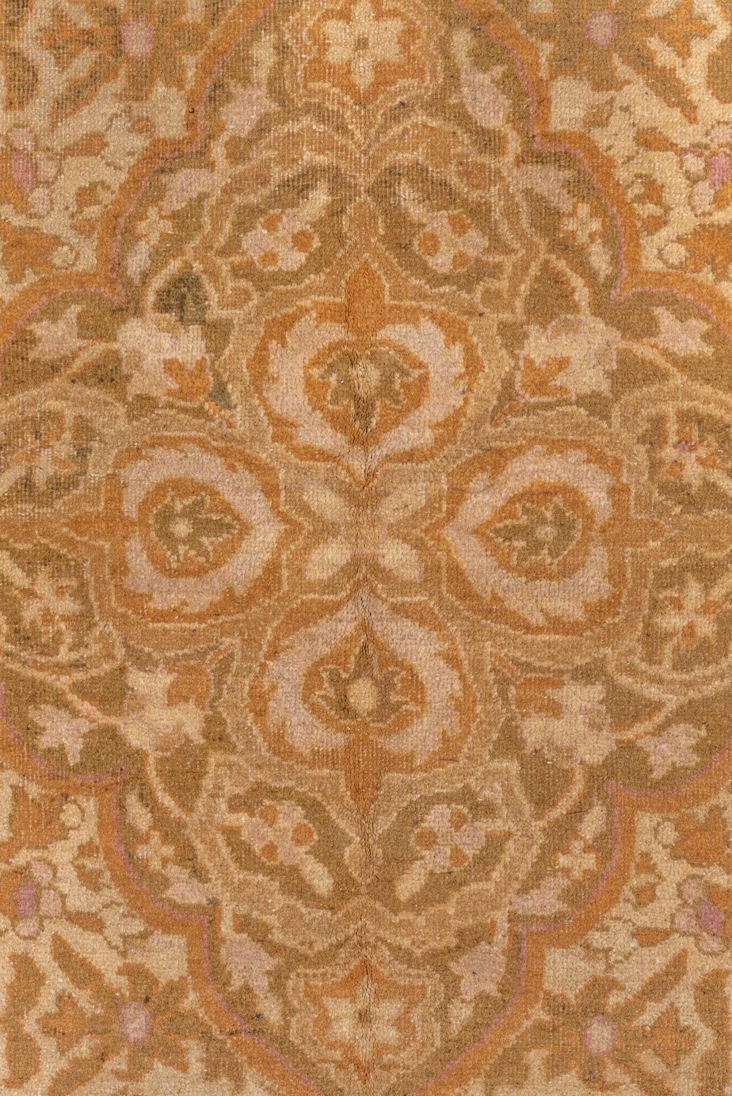 10' x 13' one-of-a-kind handmade vintage Agra large size rug. Color palette: ivory, gold, camel, tan, blush, taupe, ochre