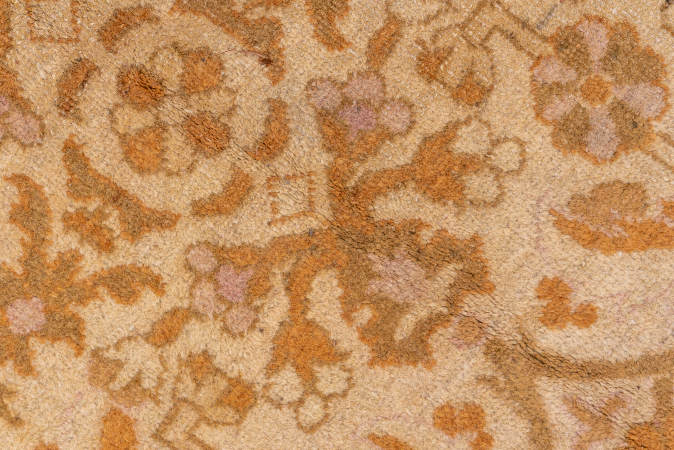 10' x 13' one-of-a-kind handmade vintage Agra large size rug. Color palette: ivory, gold, camel, tan, blush, taupe, ochre