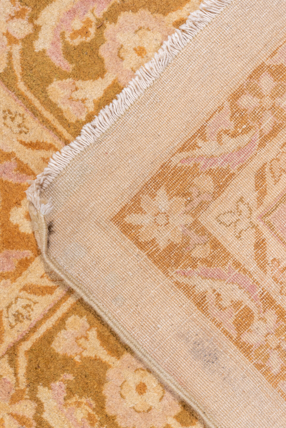 10' x 13' one-of-a-kind handmade vintage Agra large size rug. Color palette: ivory, gold, camel, tan, blush, taupe, ochre