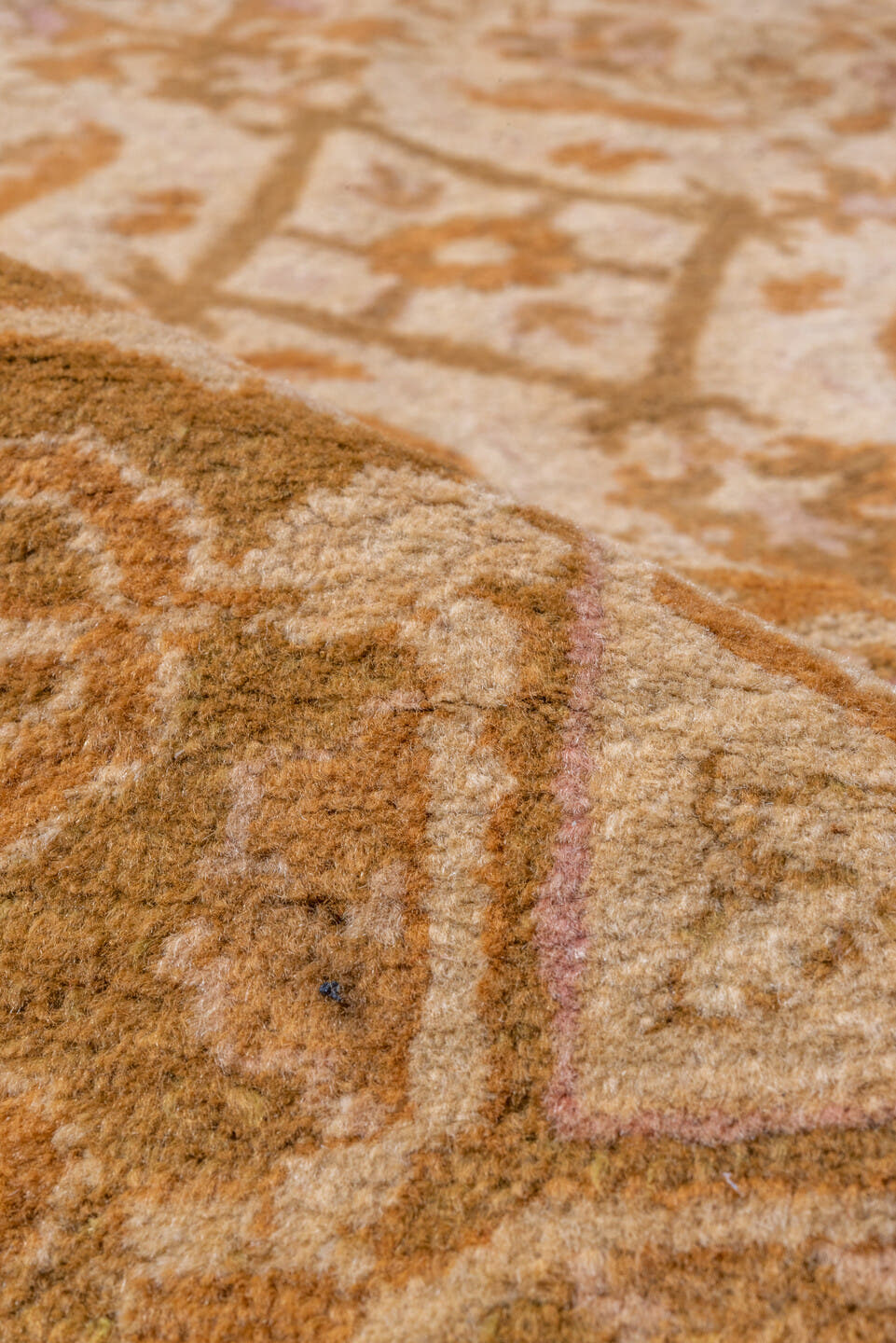 10' x 13' one-of-a-kind handmade vintage Agra large size rug. Color palette: ivory, gold, camel, tan, blush, taupe, ochre