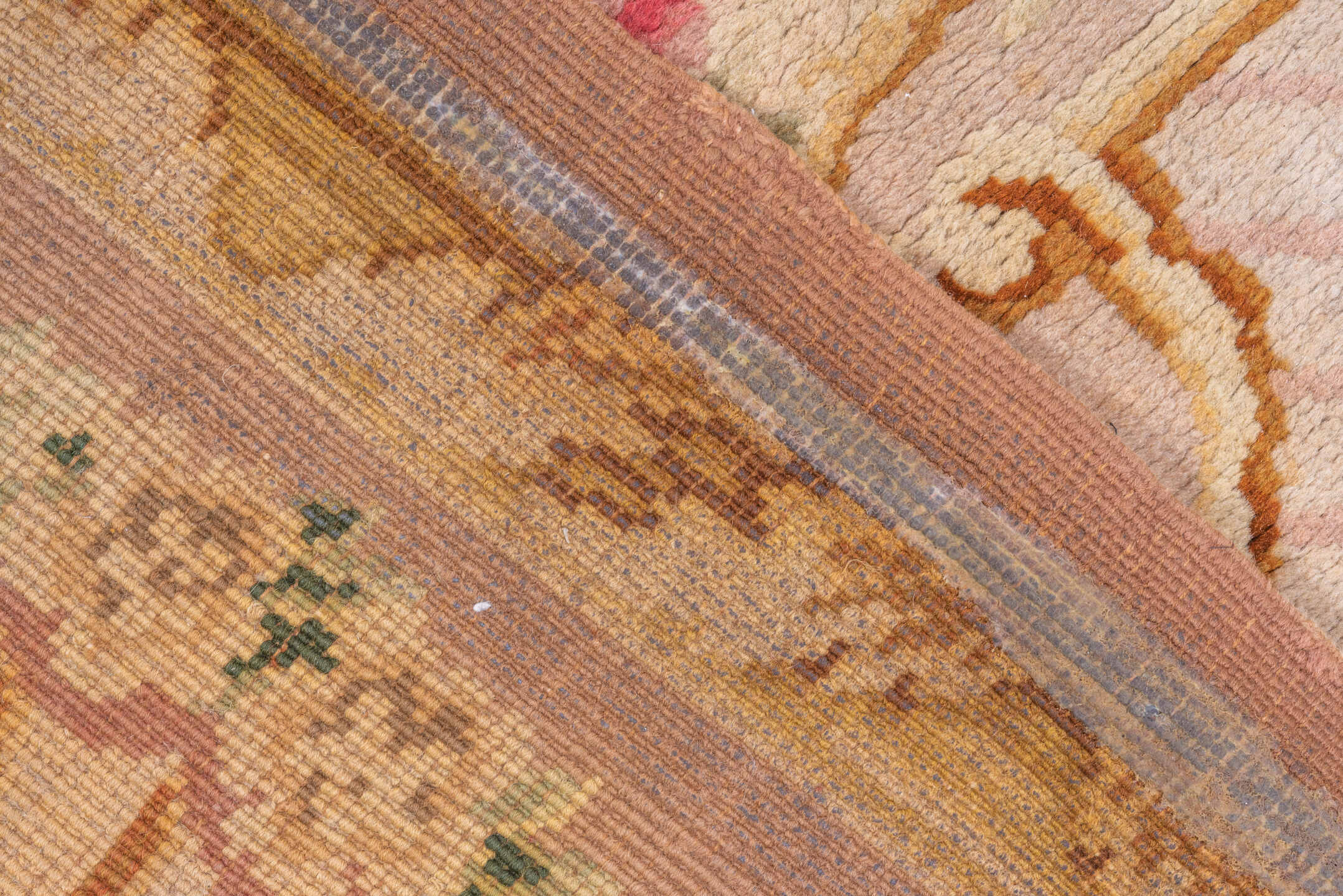 6' x 10' one-of-a-kind handmade vintage Savonnerie large size rug. Color palette: brown, burlywood, off-white, orange, red