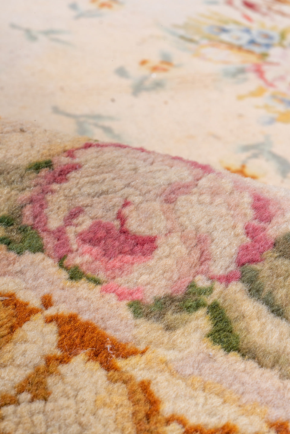 6' x 10' one-of-a-kind handmade vintage Savonnerie large size rug. Color palette: brown, burlywood, off-white, orange, red