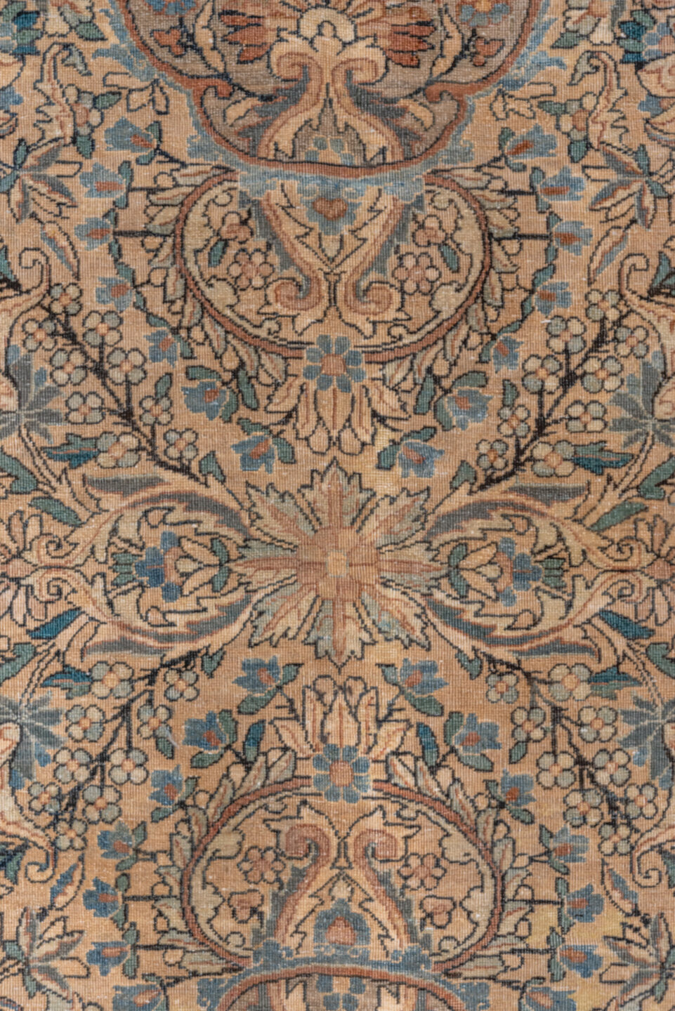 9' x 18' one-of-a-kind handmade vintage Kerman rug. Color palette: beige, ivory, muted blue, taupe, rust, camel, slate, blue