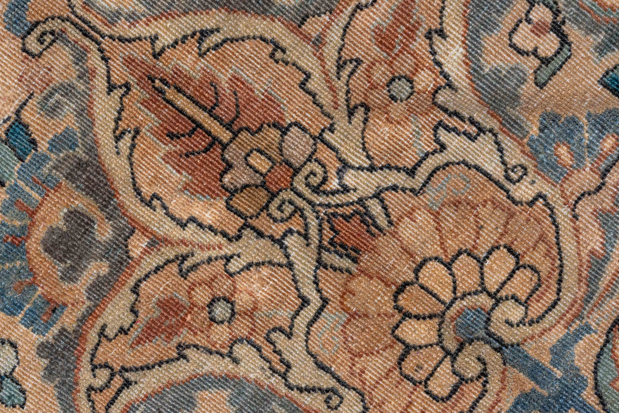 9' x 18' one-of-a-kind handmade vintage Kerman rug. Color palette: beige, ivory, muted blue, taupe, rust, camel, slate, blue