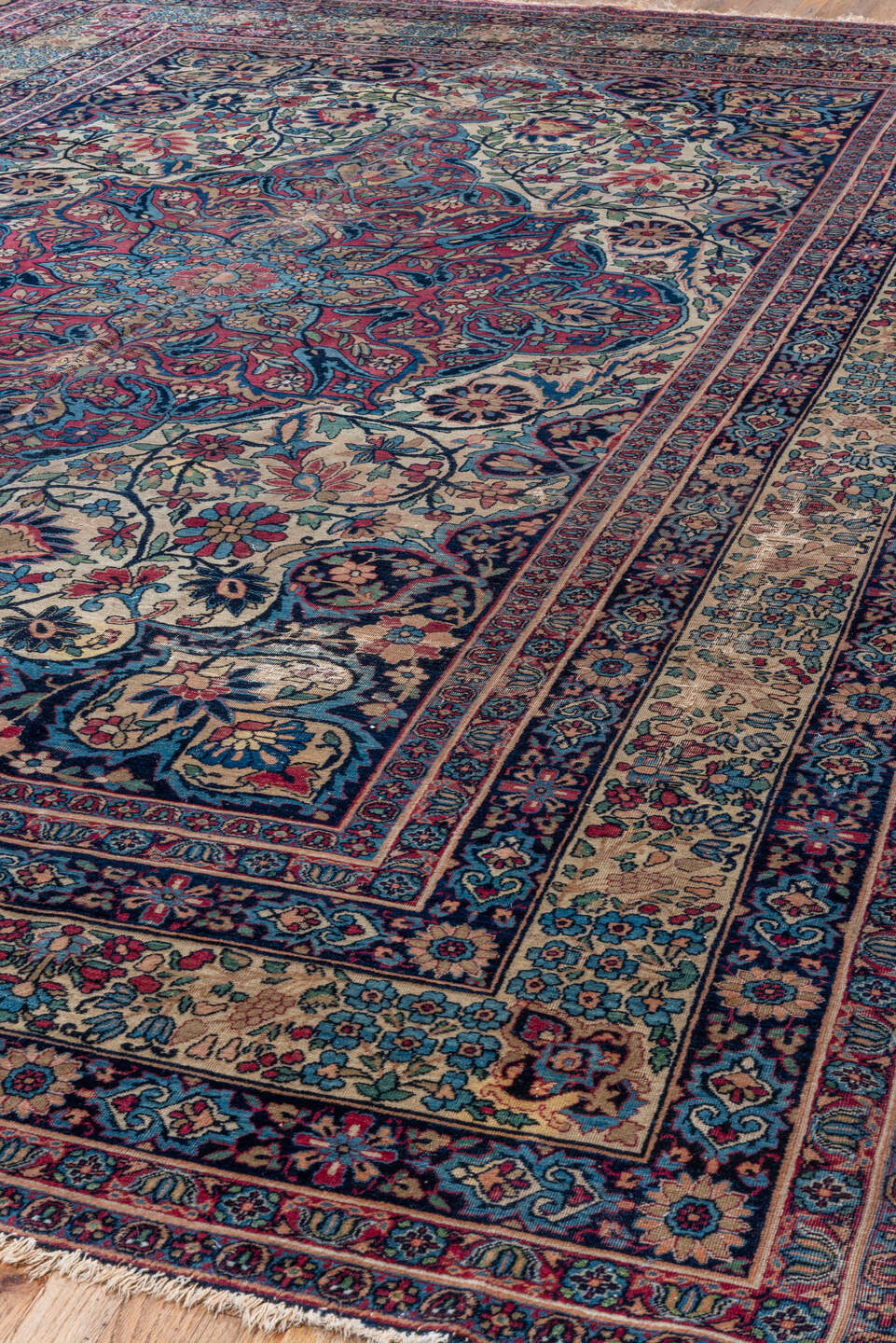 9' x 14' one-of-a-kind handmade vintage Lavar large size rug. Color palette: ivory, navy, turquoise, crimson, rose, sky_blue