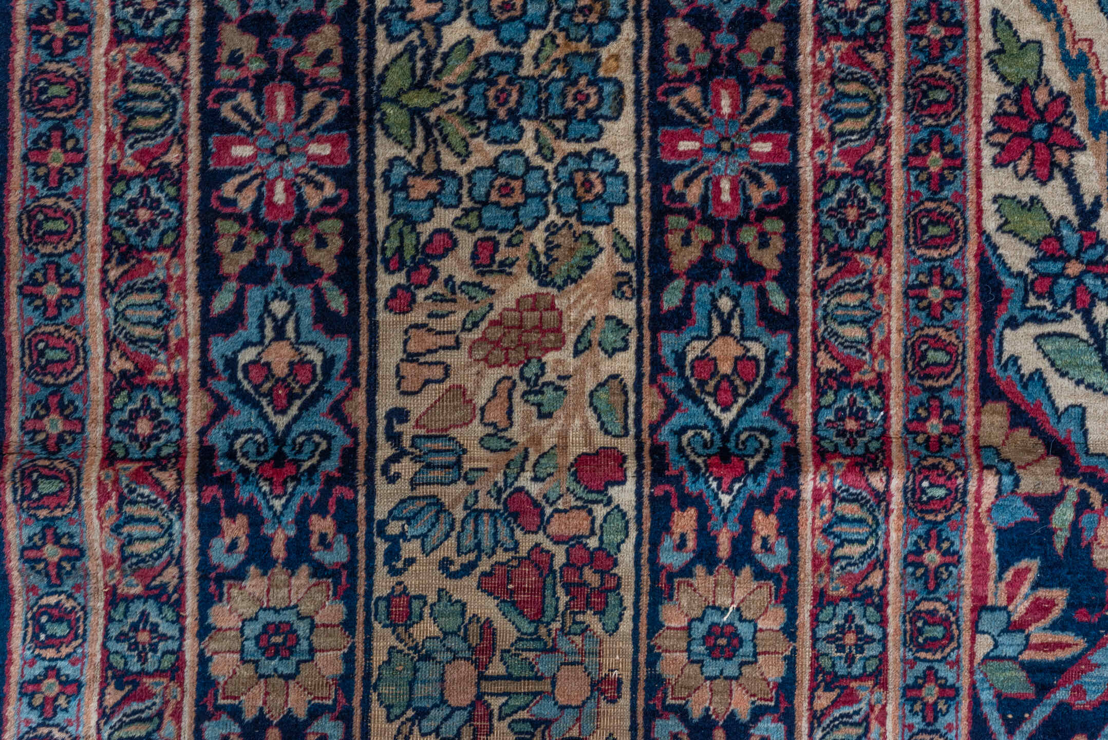 9' x 14' one-of-a-kind handmade vintage Lavar large size rug. Color palette: ivory, navy, turquoise, crimson, rose, sky_blue