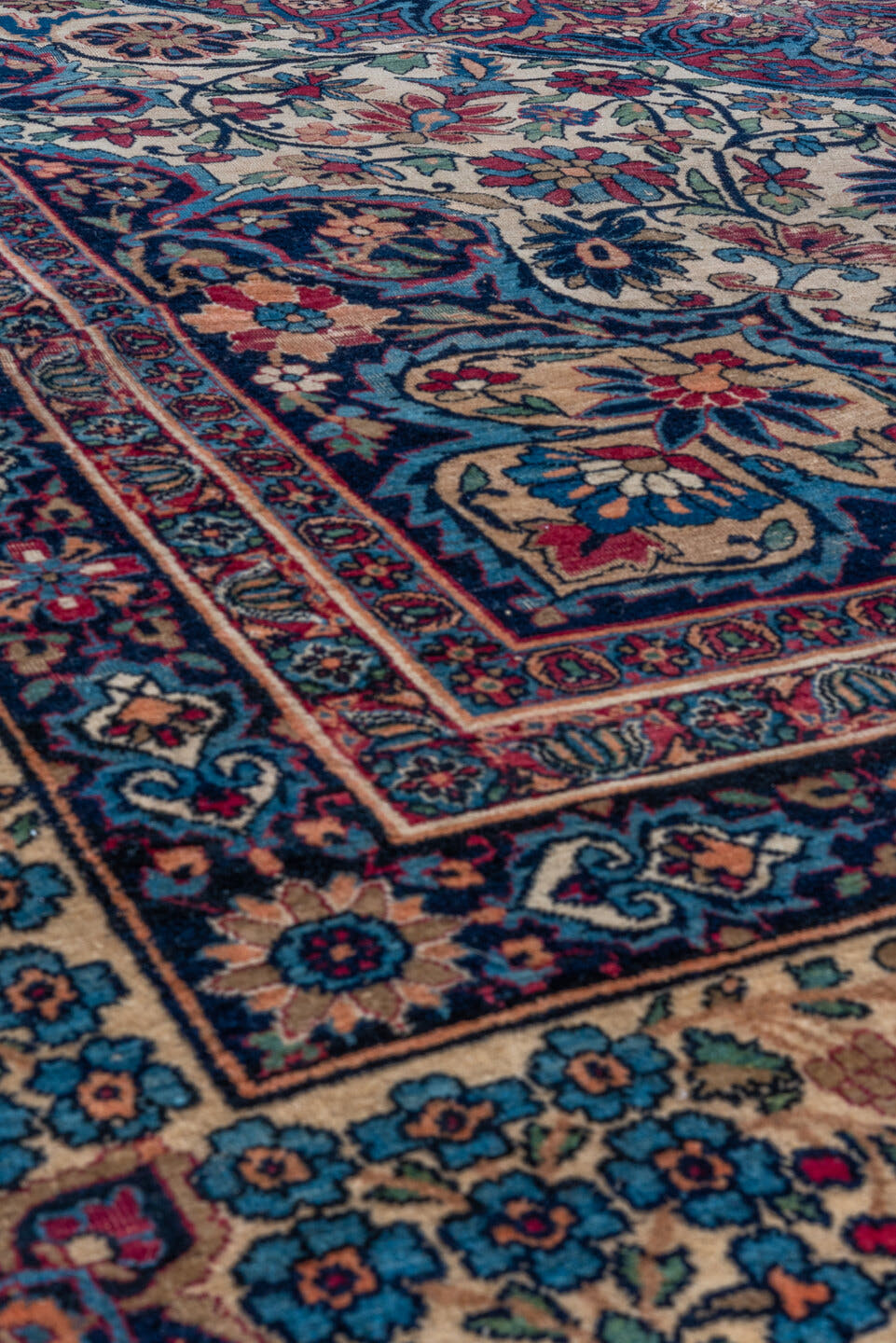 9' x 14' one-of-a-kind handmade vintage Lavar large size rug. Color palette: ivory, navy, turquoise, crimson, rose, sky_blue