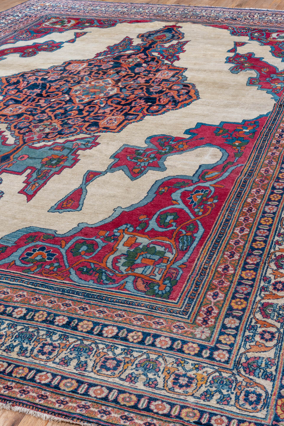 8' x 13' one-of-a-kind handmade vintage Lavar large size rug. Color palette: ivory, crimson, turquoise, navy, rose, coral