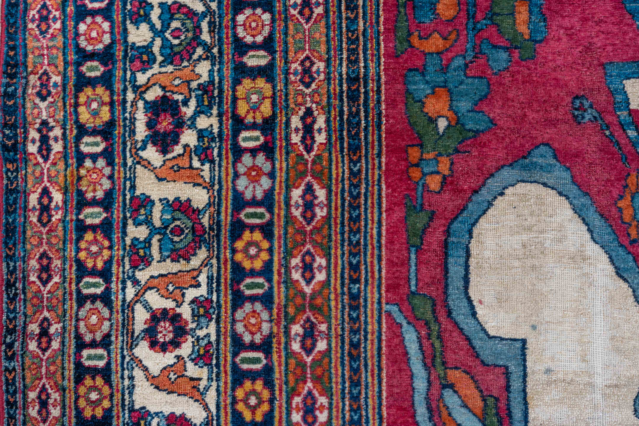 8' x 13' one-of-a-kind handmade vintage Lavar large size rug. Color palette: ivory, crimson, turquoise, navy, rose, coral