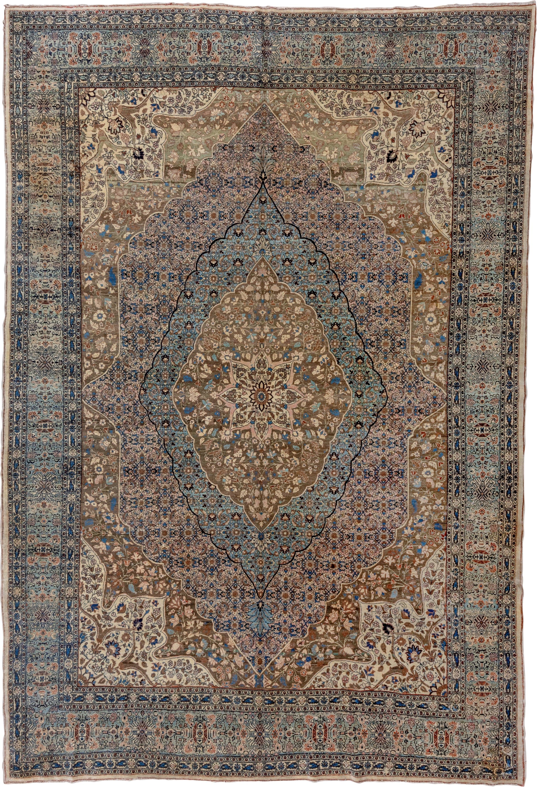 9' x 13' one-of-a-kind handmade vintage Tabriz large size rug. Color palette: taupe, ivory, sky blue, navy, beige, brown