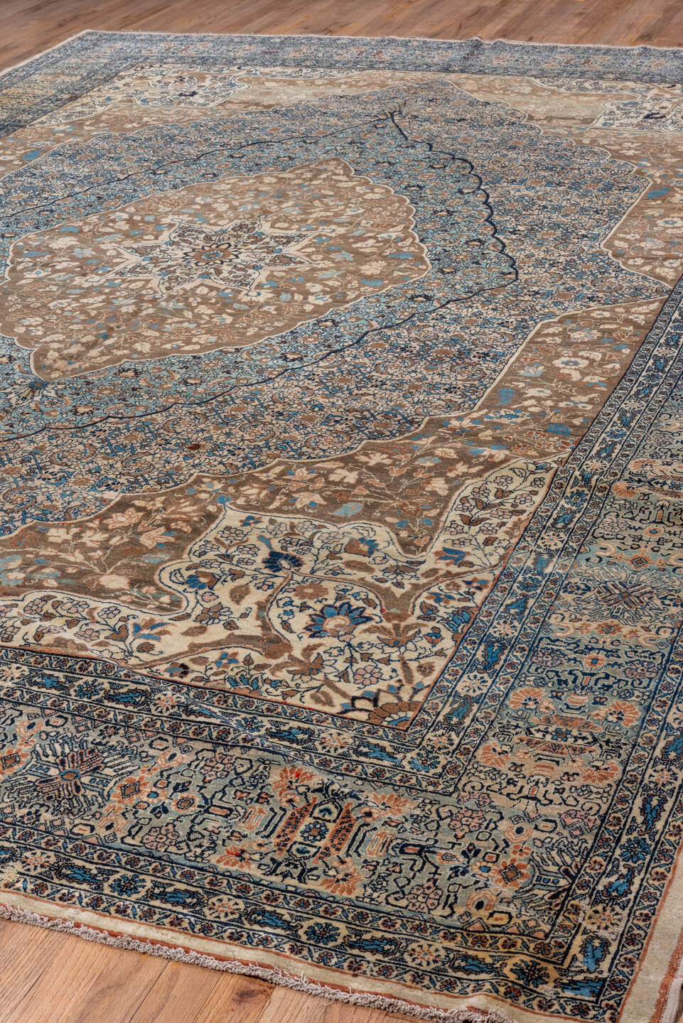 9' x 13' one-of-a-kind handmade vintage Tabriz large size rug. Color palette: taupe, ivory, sky blue, navy, beige, brown